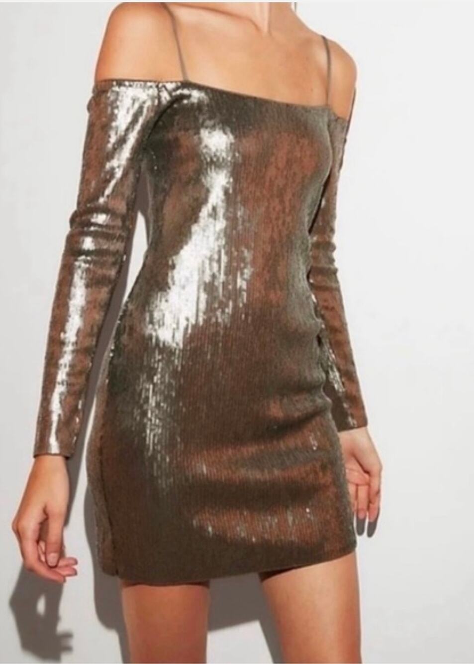 Express Off The Shoulder Sequin Mini Dress Long Sleeve Medium Cocktail Party NWT